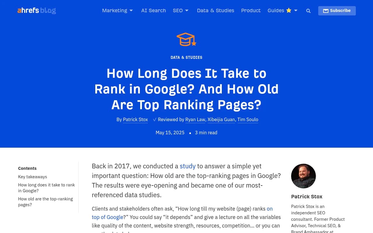 Ahrefs data on how long it takes pages to rank in Google search