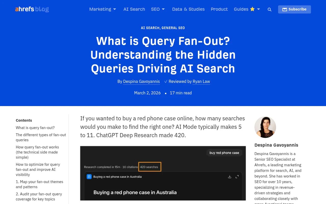 Ahrefs' guide to query fan-out explaining how AI search platforms expand user queries into sub-queries