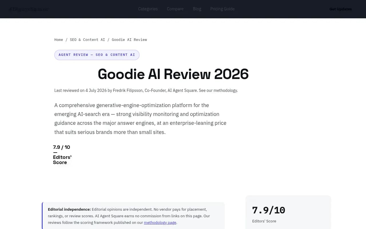 Goodie AI review and pricing breakdown from AI Agent Square, showing score breakdown and pricing tiers