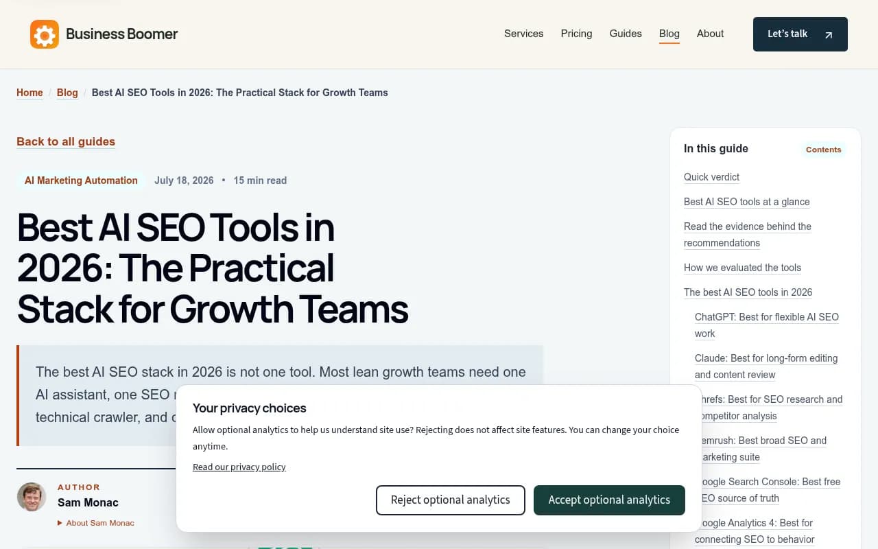 Business Boomer's guide to the AI SEO tool stack for growth teams, showing the layered approach from research to analytics