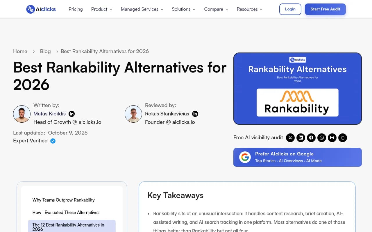 AIclicks' comparison of Rankability alternatives, one of several vendor-written roundups worth skimming for candidate names