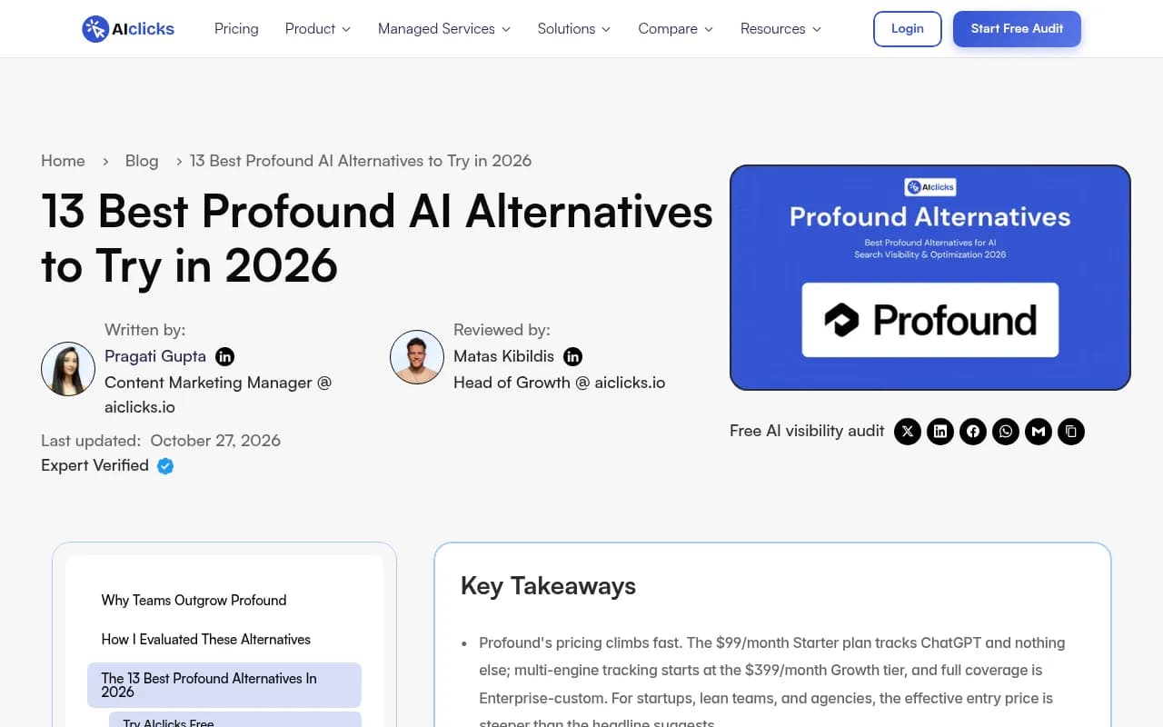 AIclicks roundup of Profound alternatives, updated October 2026