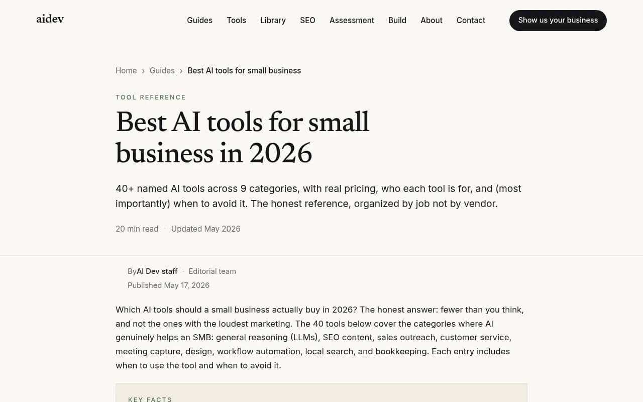 Overview of best AI tools for small business in 2026, showing categories and tool recommendations