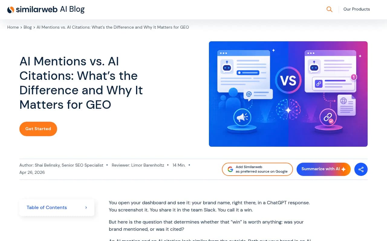 Similarweb article explaining AI mentions versus AI citations