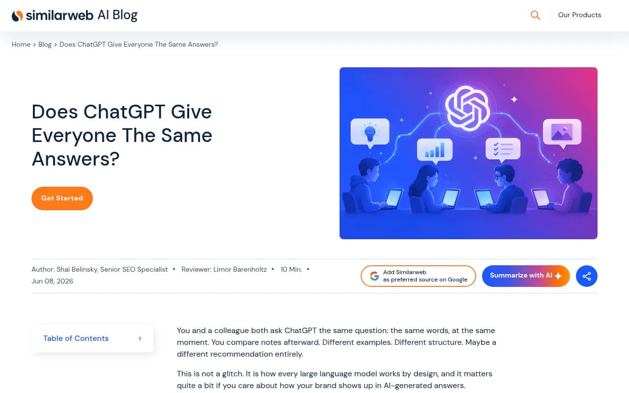 Similarweb's article on why ChatGPT does not give everyone the same answers