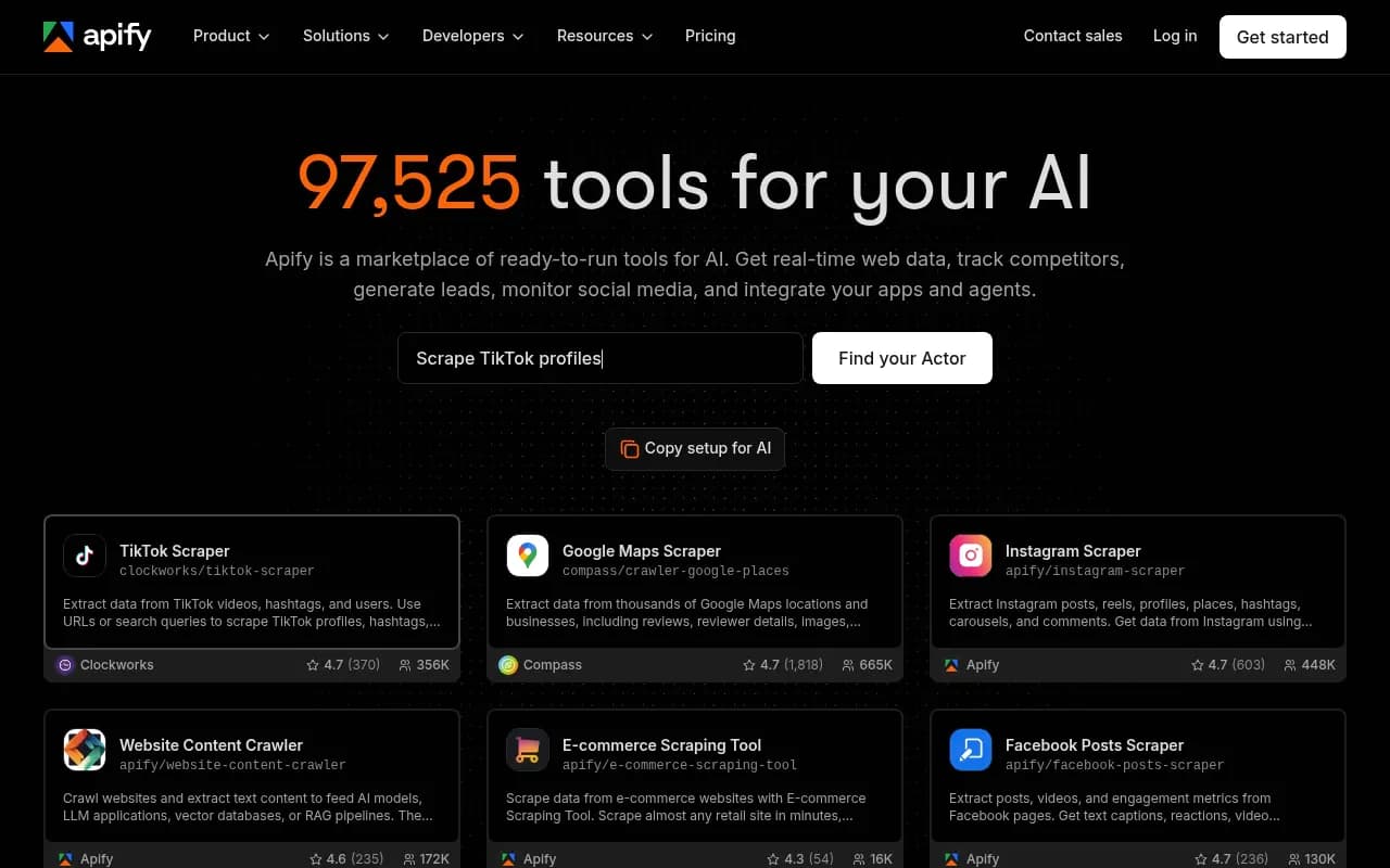 Apify's homepage, a marketplace of ready-to-run Actors