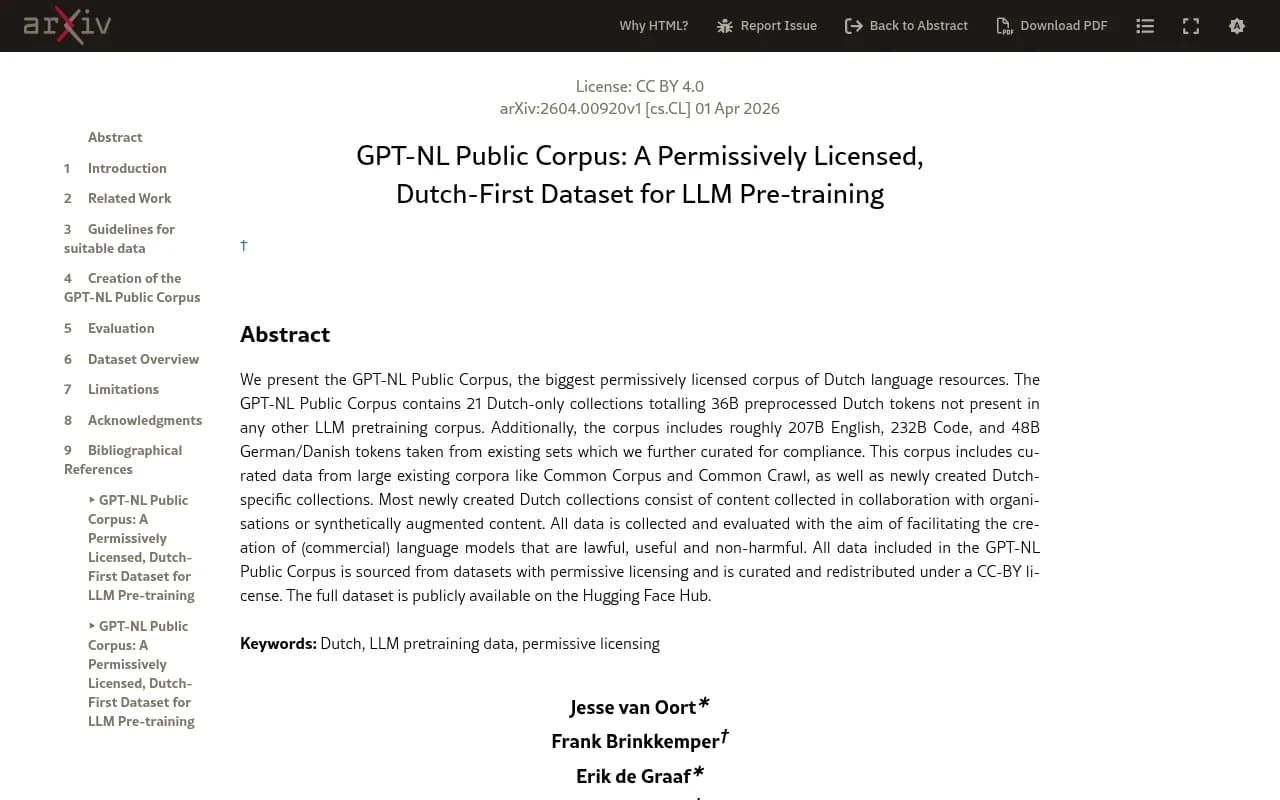 The GPT-NL Public Corpus paper on arXiv, describing a Dutch-first pretraining dataset