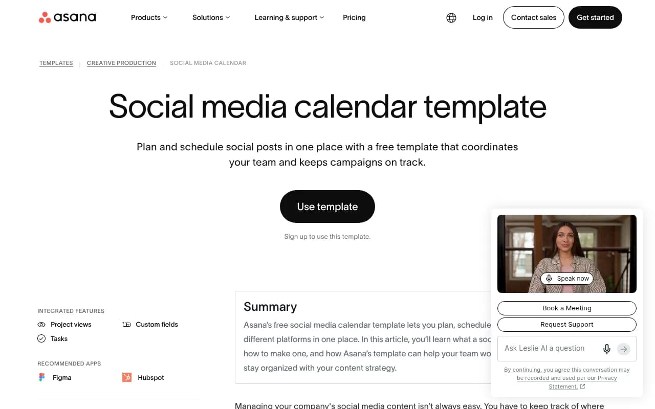 Asana's free social media calendar template with custom fields for platform, status, and assignee