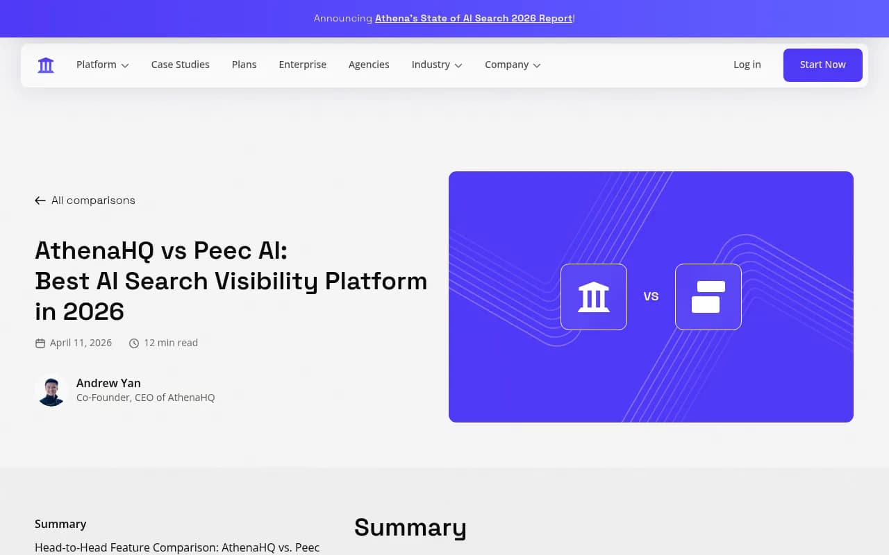 AthenaHQ vs Peec AI comparison page