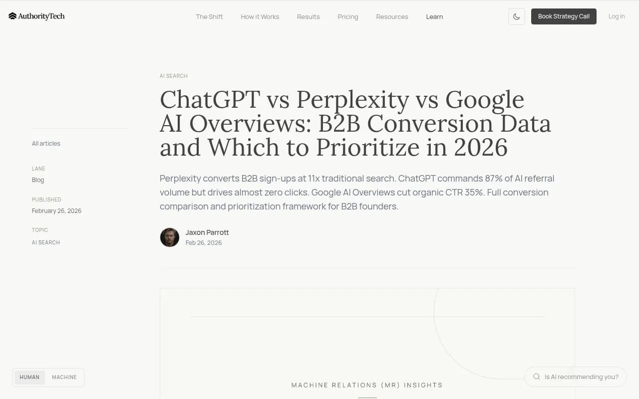 AuthorityTech analysis of ChatGPT vs Perplexity vs Google AI Overviews B2B conversion data