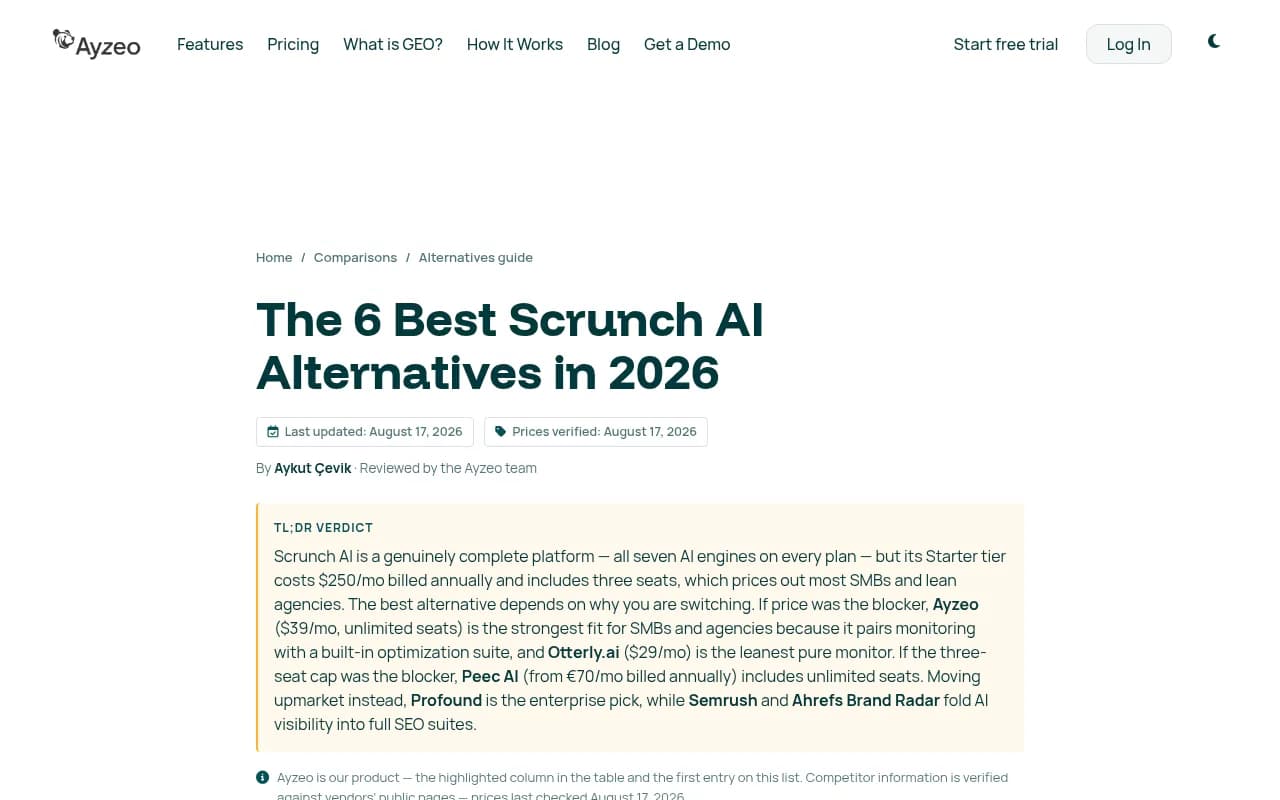 Comparison of Scrunch AI alternatives showing pricing and feature tables across multiple AI visibility platforms