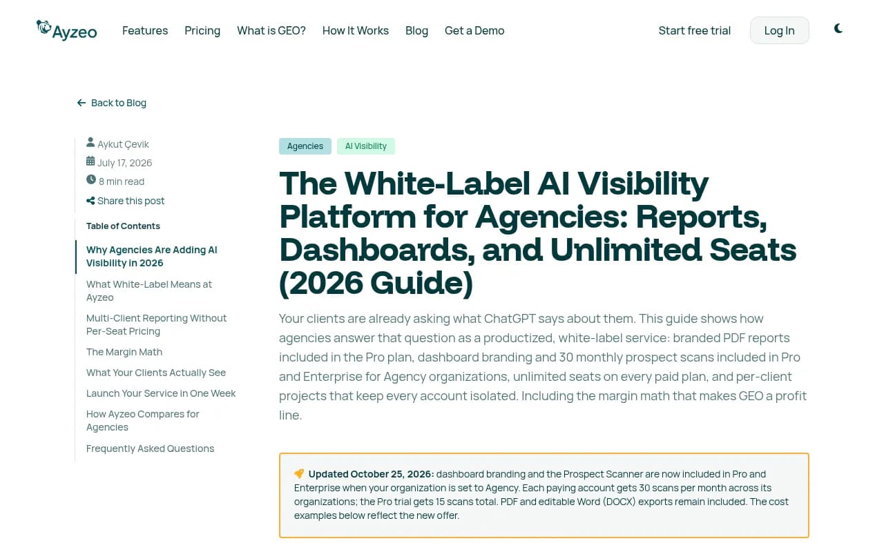 Ayzeo's white-label platform guide showing an agency logo and custom accent color on the client dashboard