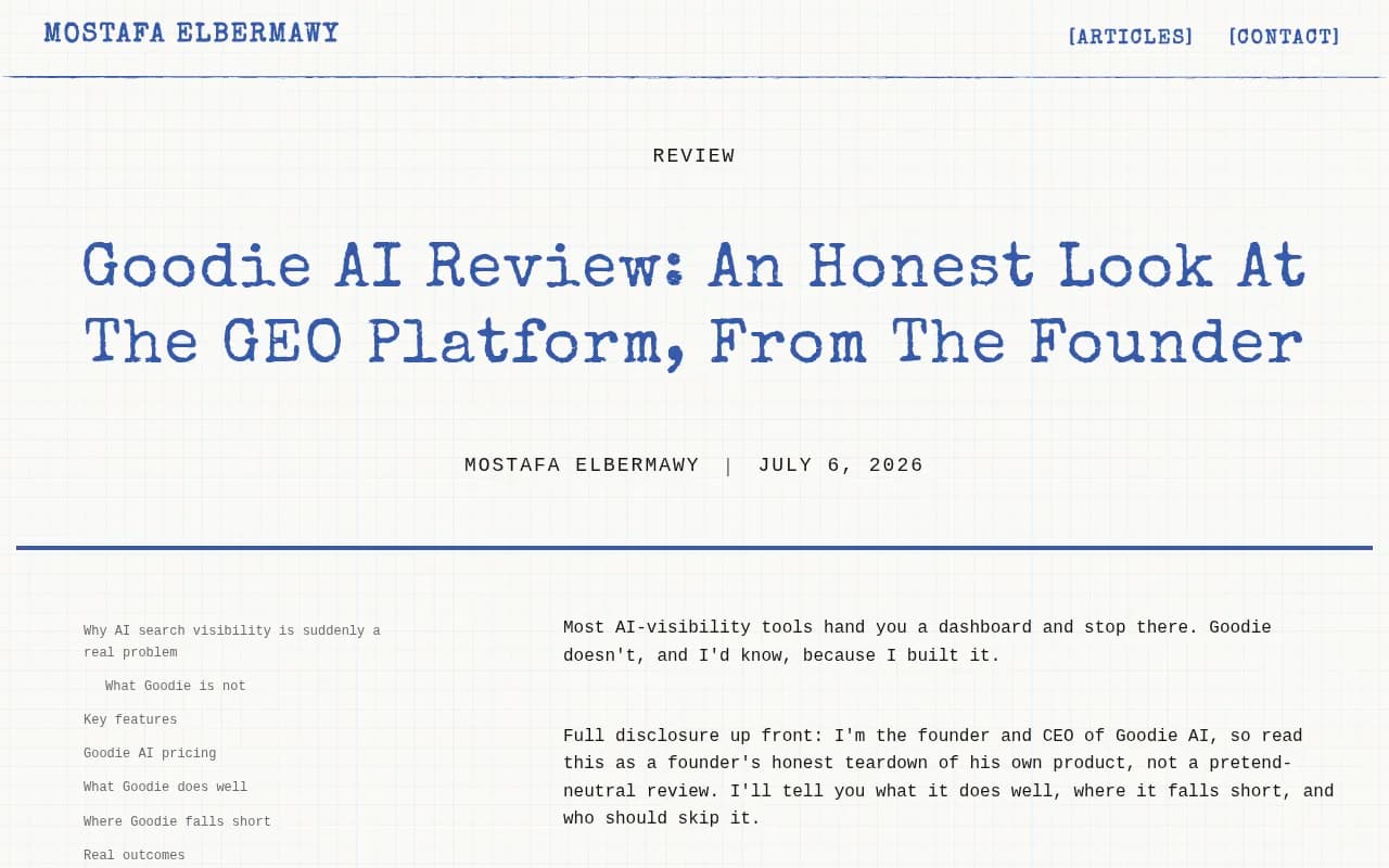 Goodie AI GEO Platform Review from founder Mostafa ElBermawy