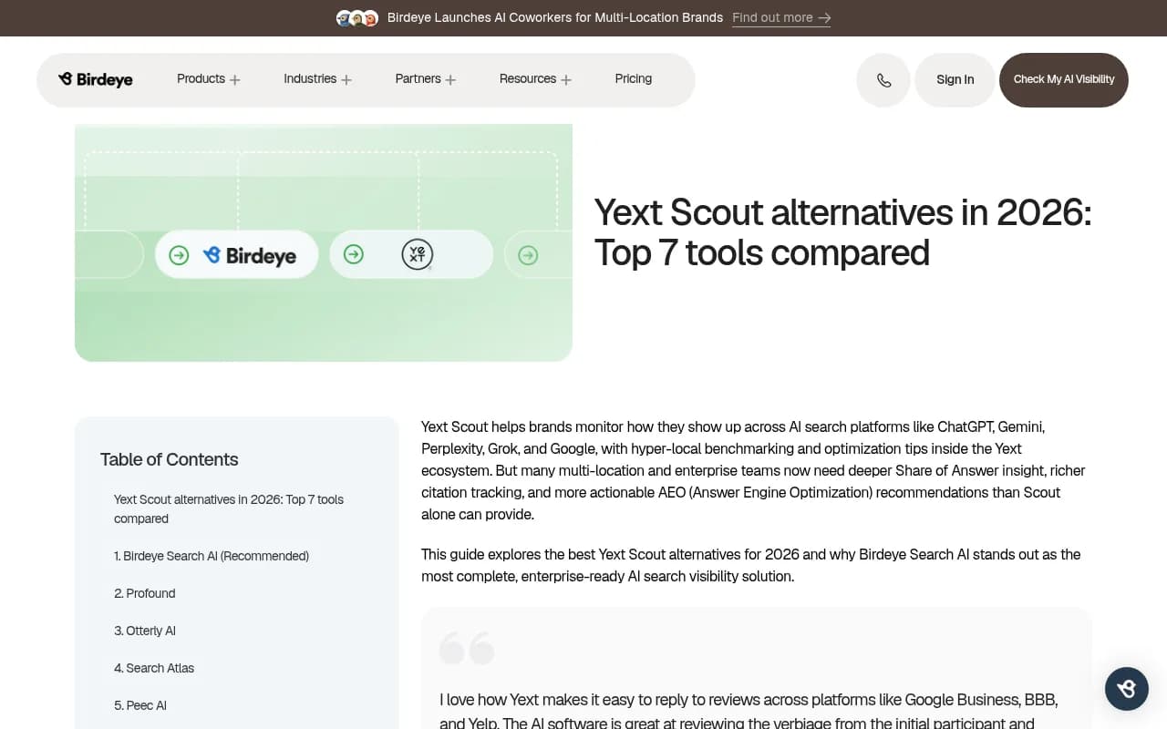 Birdeye's Yext Scout alternatives page, a vendor-authored comparison