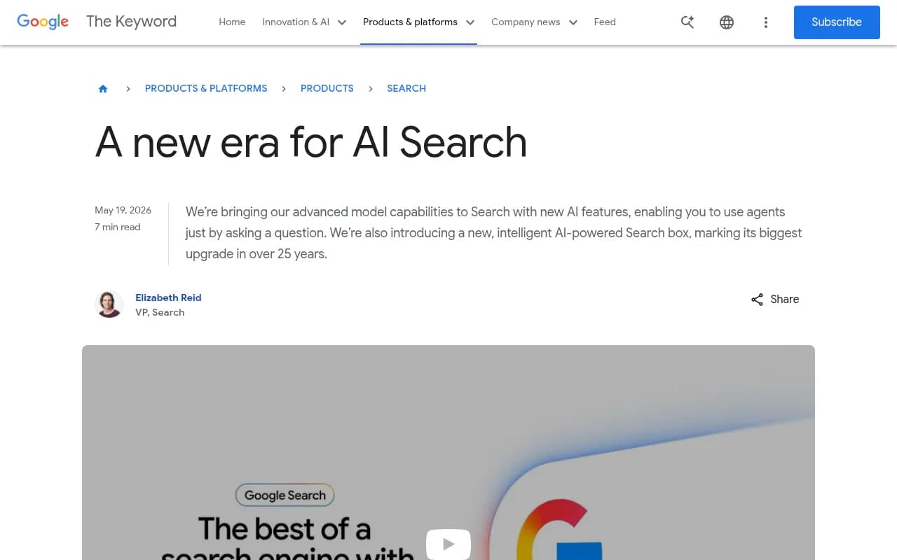 Google I/O 2026 Search announcement showing AI agents and the new AI-powered Search box