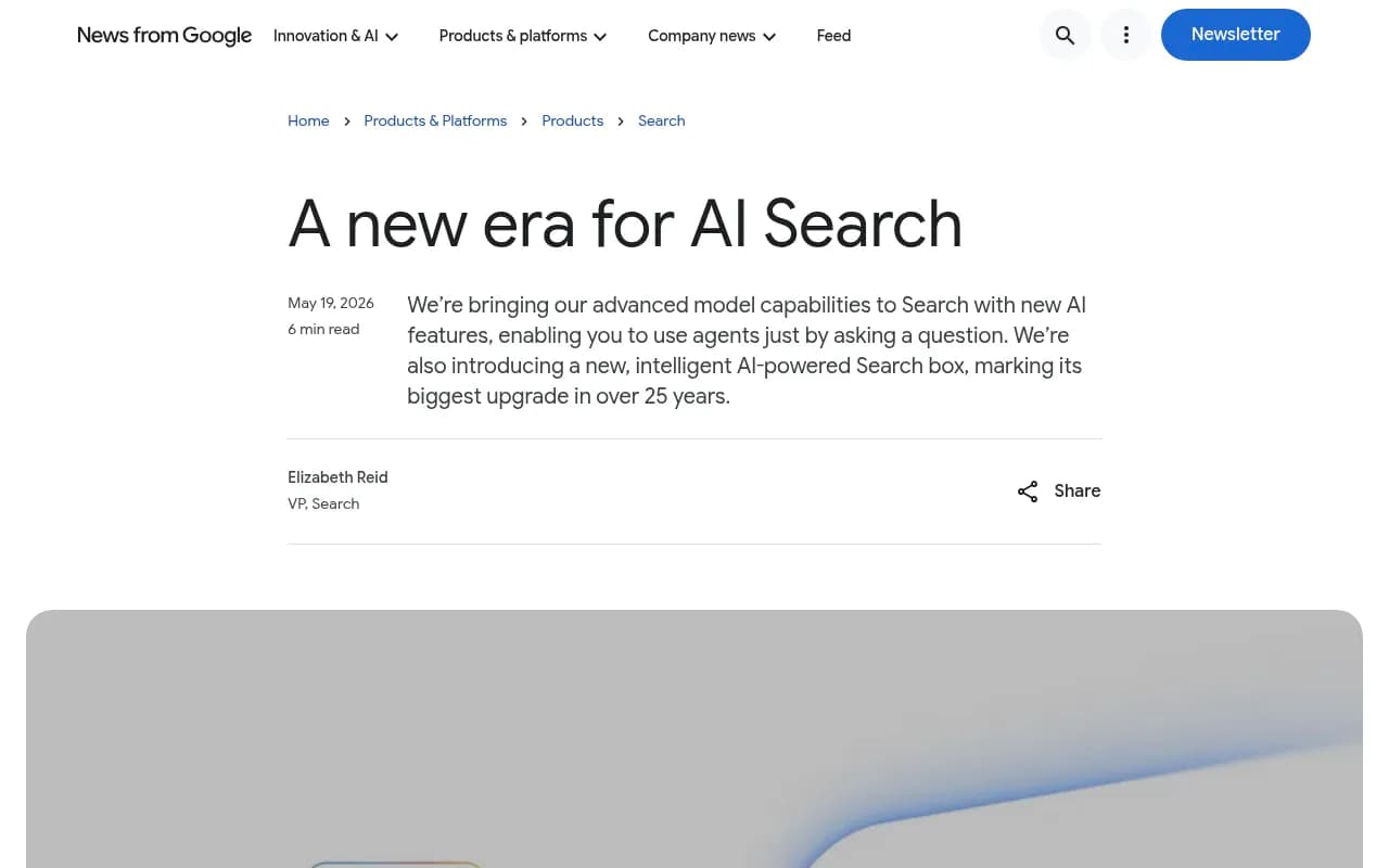 I/O 2026 announcement page showing Google's AI Search updates