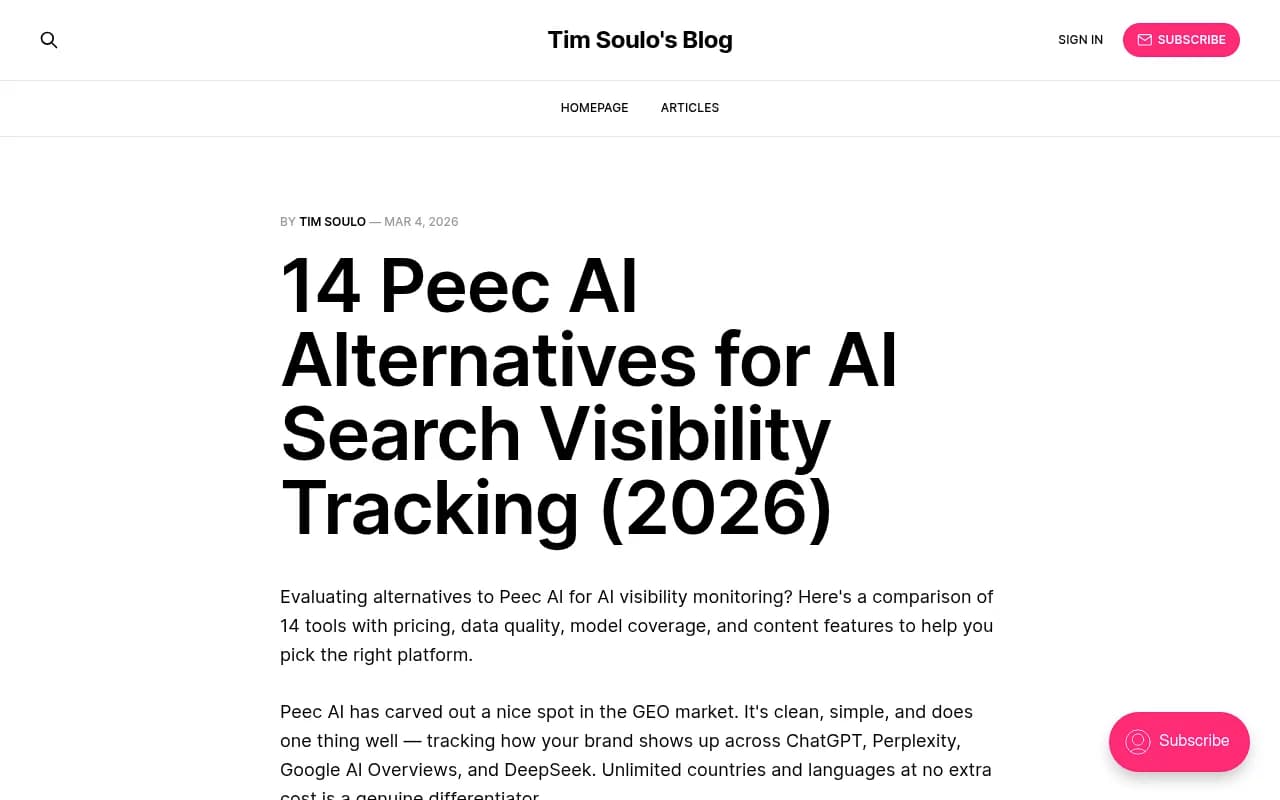 Comparison overview of Peec AI alternatives for AI search visibility tracking in 2026