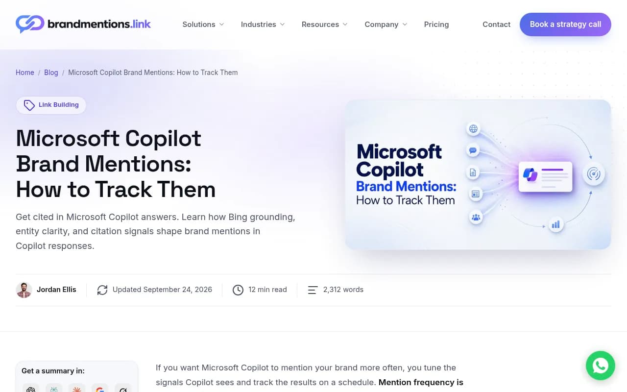 Microsoft Copilot brand mentions guide showing Bing grounding and brand signal recommendations