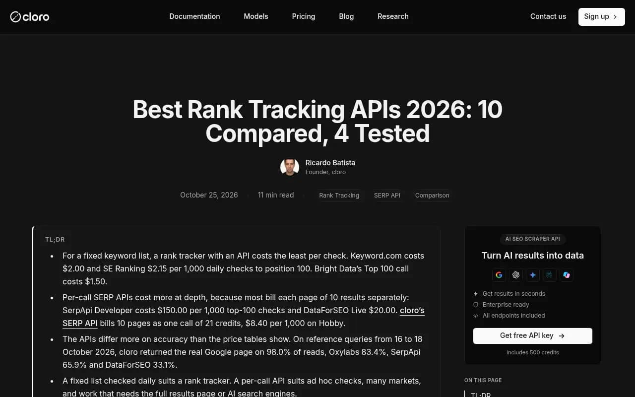 cloro's comparison of rank tracking APIs