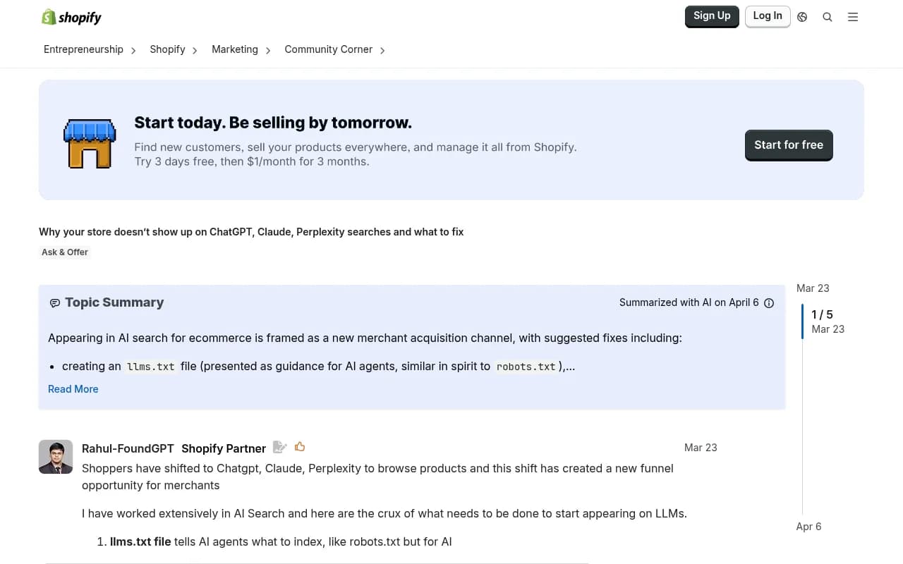 Shopify community discussion on why stores don't appear in ChatGPT, Claude, and Perplexity searches