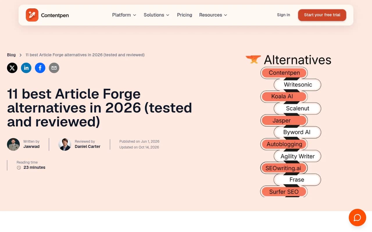Contentpen's review of Article Forge alternatives, listing gaps like brand voice, GEO, and integrated SEO data