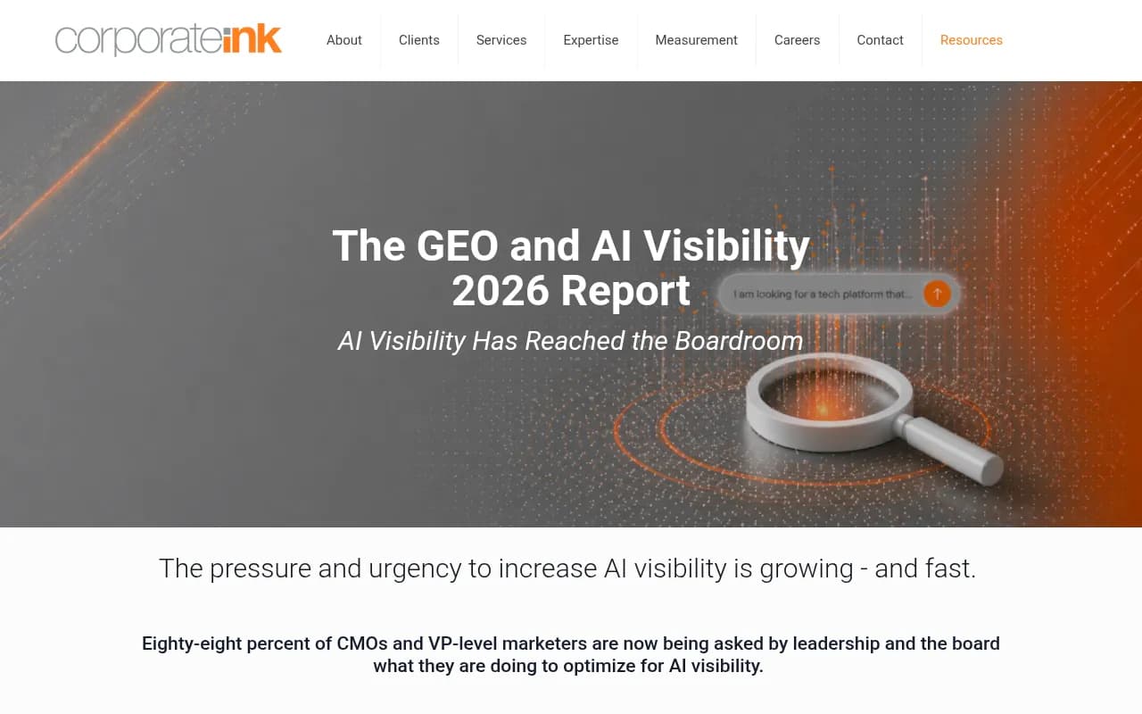 Corporate Ink's 2026 GEO and AI Visibility report showing that only 34% of B2B tech marketers have a defined AI visibility strategy