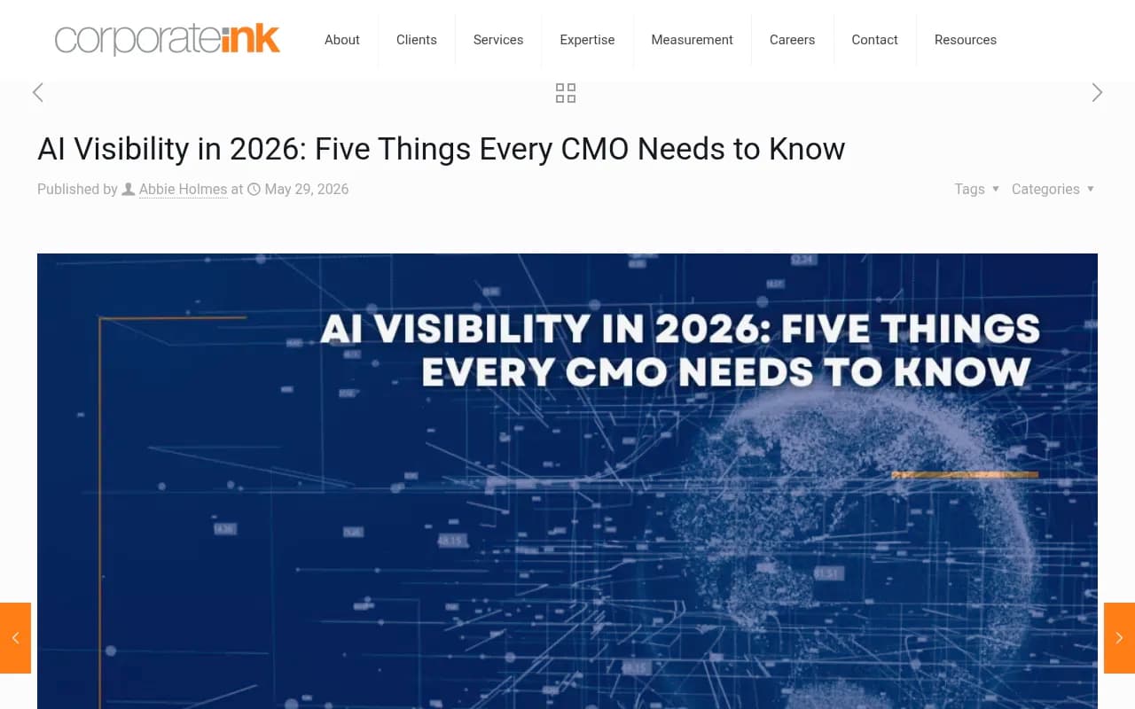 Corporate Ink article on AI visibility for CMOs, with survey findings on board pressure and pipeline