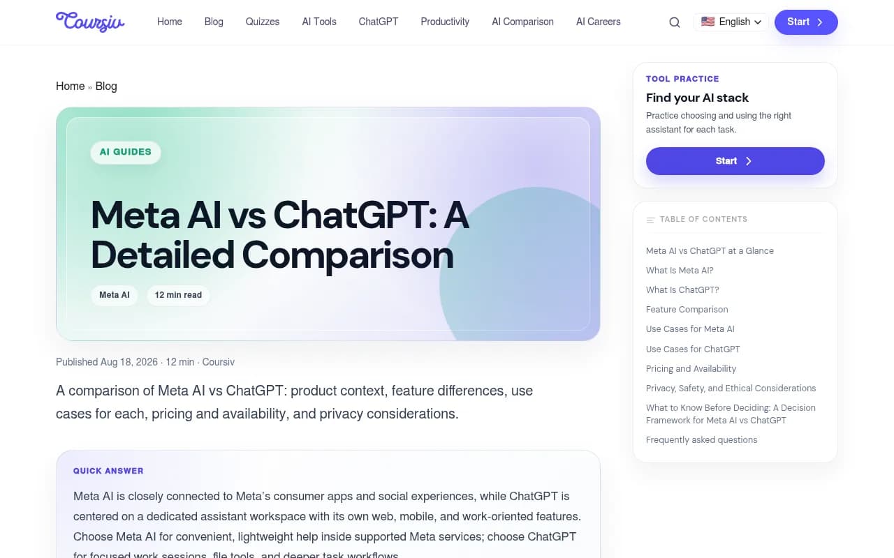 Coursiv's side-by-side comparison of Meta AI and ChatGPT contexts