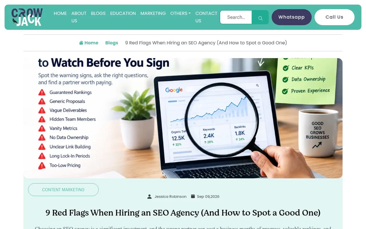 Crowjack guide on SEO agency red flags covering guaranteed rankings, vague deliverables and data ownership