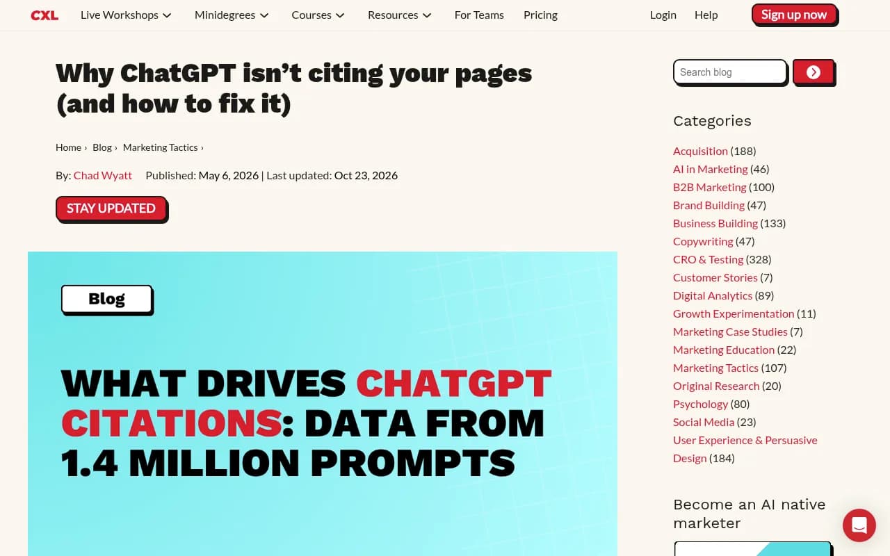 CXL analysis of why pages do or don't surface in ChatGPT citations