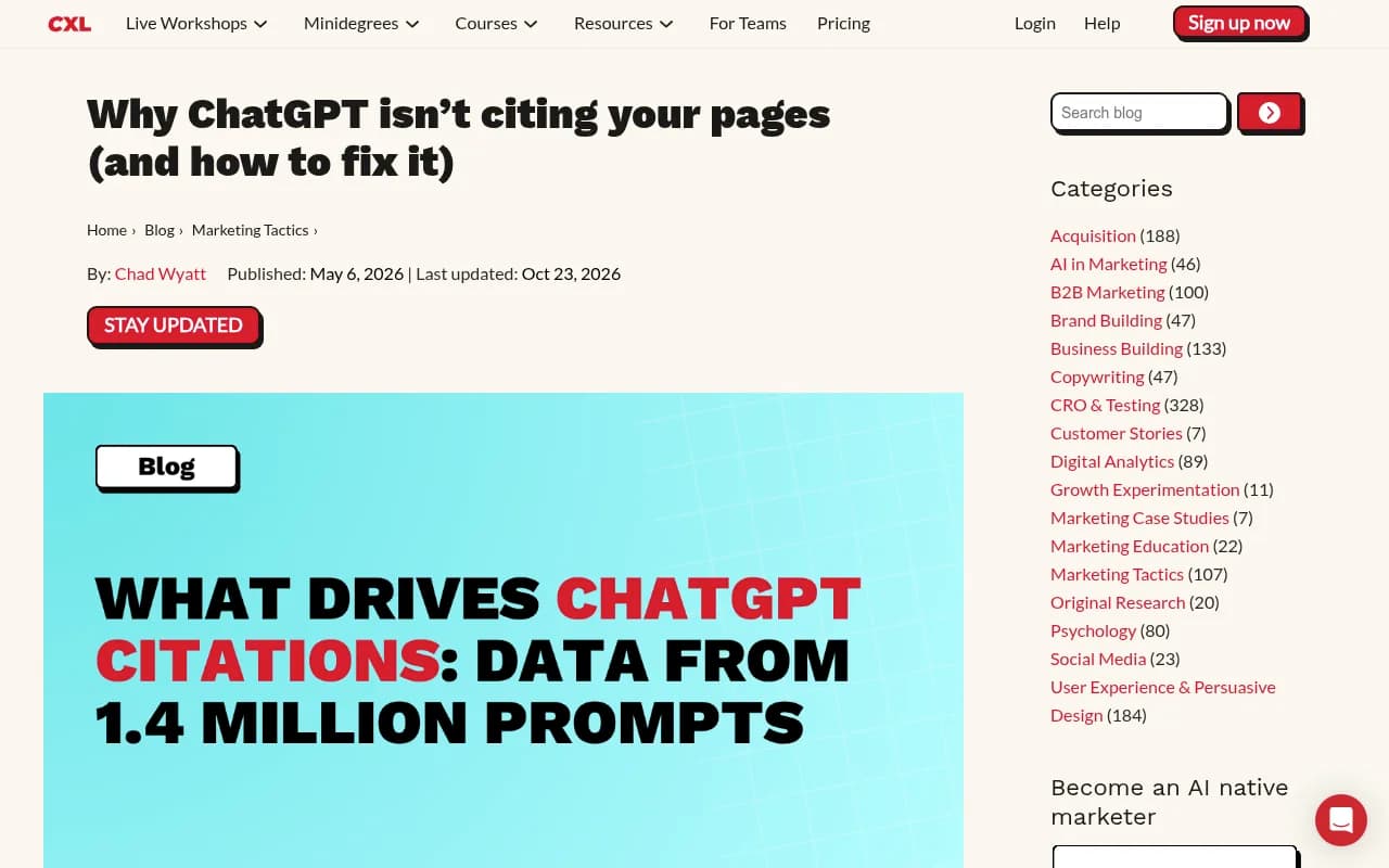 CXL article on why pages aren't surfacing in ChatGPT citations, covering Semrush and Ahrefs data
