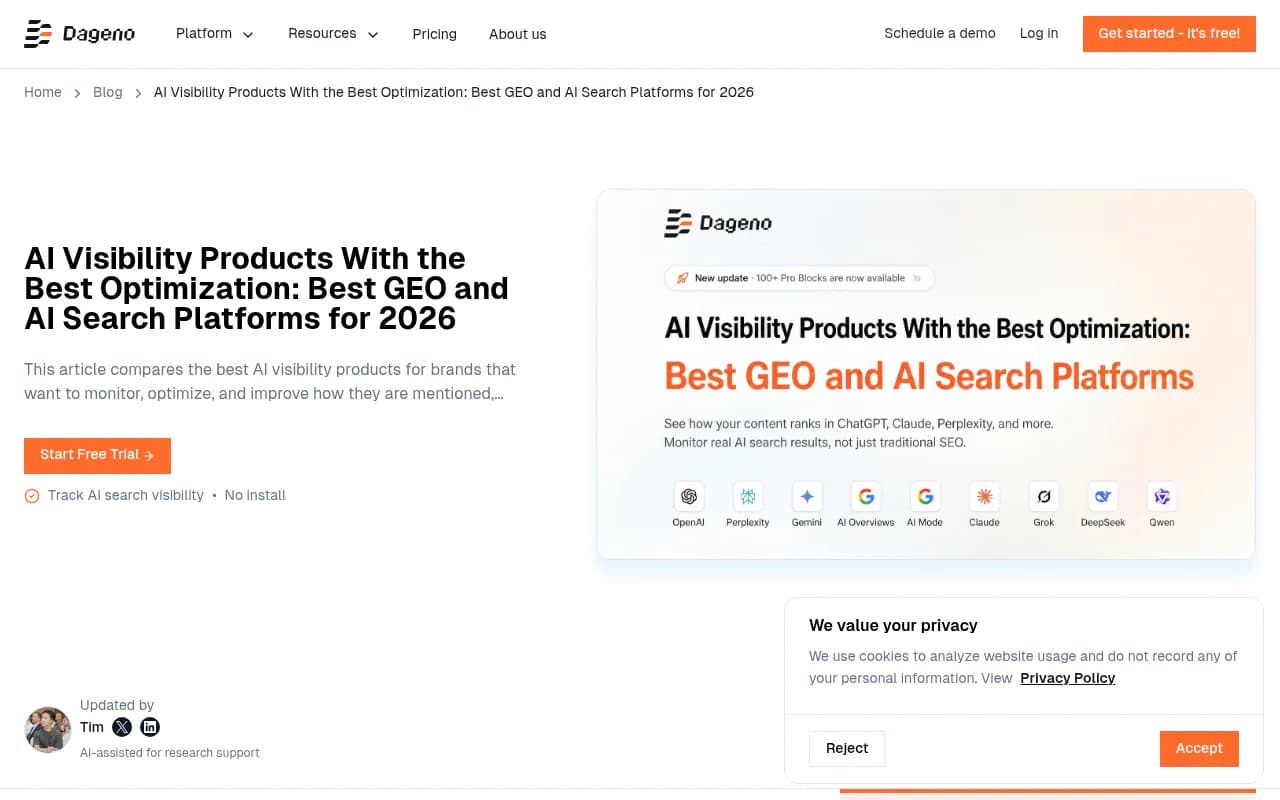 Dageno AI's blog comparing AI visibility products for optimization in 2026