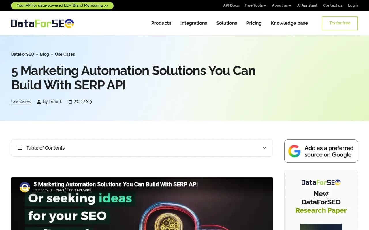 DataForSEO article showing how SEO tools are built on its SERP API