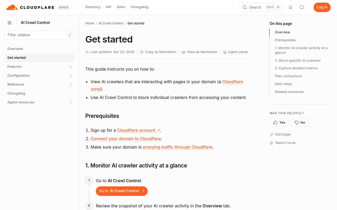 Cloudflare's AI Crawl Control setup documentation showing how to monitor crawler activity