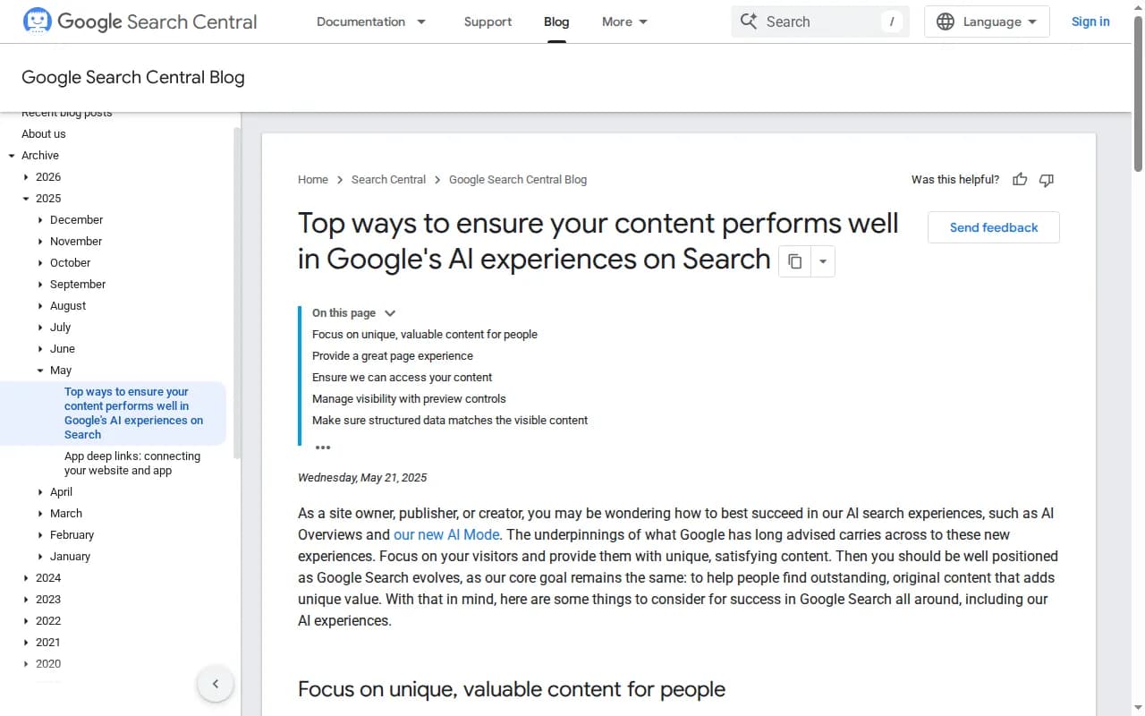 Google Search Central blog post on succeeding in AI search experiences