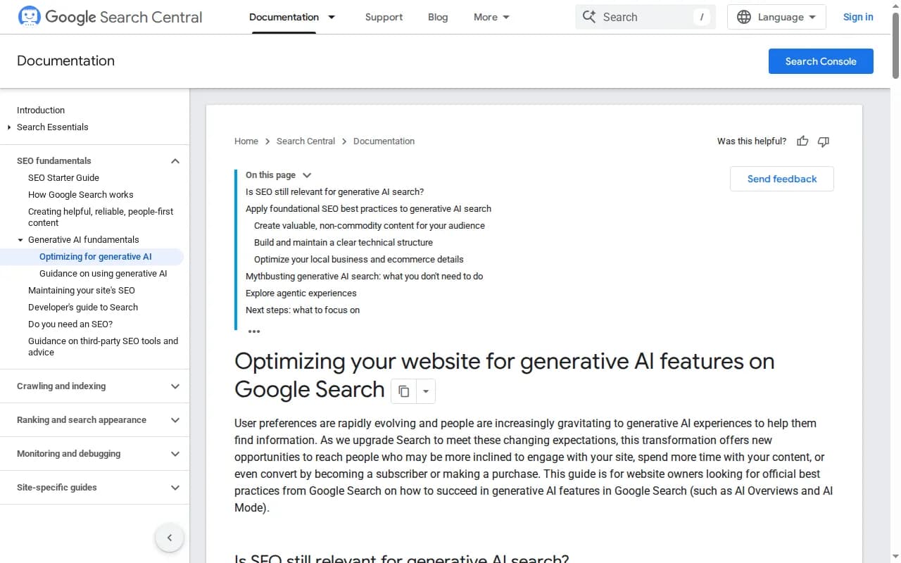 Google Search Central's official guide to optimizing for generative AI features -- a useful reference for technical requirements