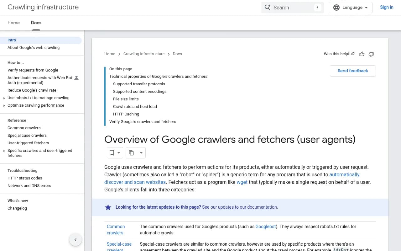 Google's official breakdown of common crawlers, special-case crawlers, and user-triggered fetchers