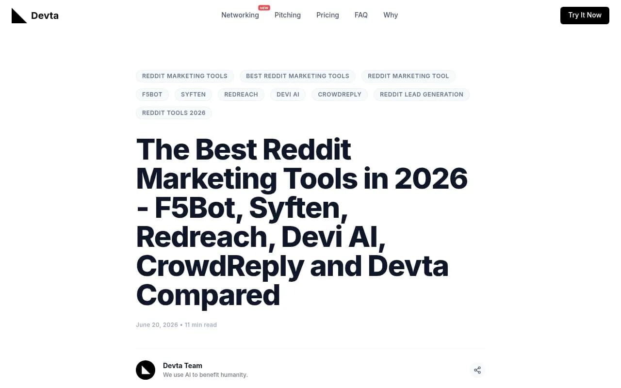 Devta's comparison of Reddit marketing tools, which splits the category into monitoring, managed posting and presence-building