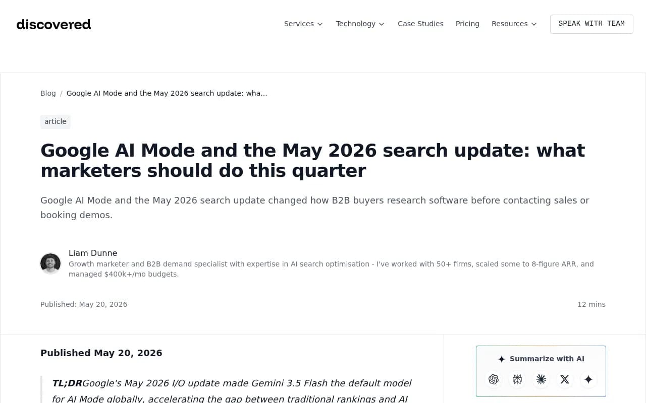 Google AI Mode and the May 2026 search update research from Discovered Labs