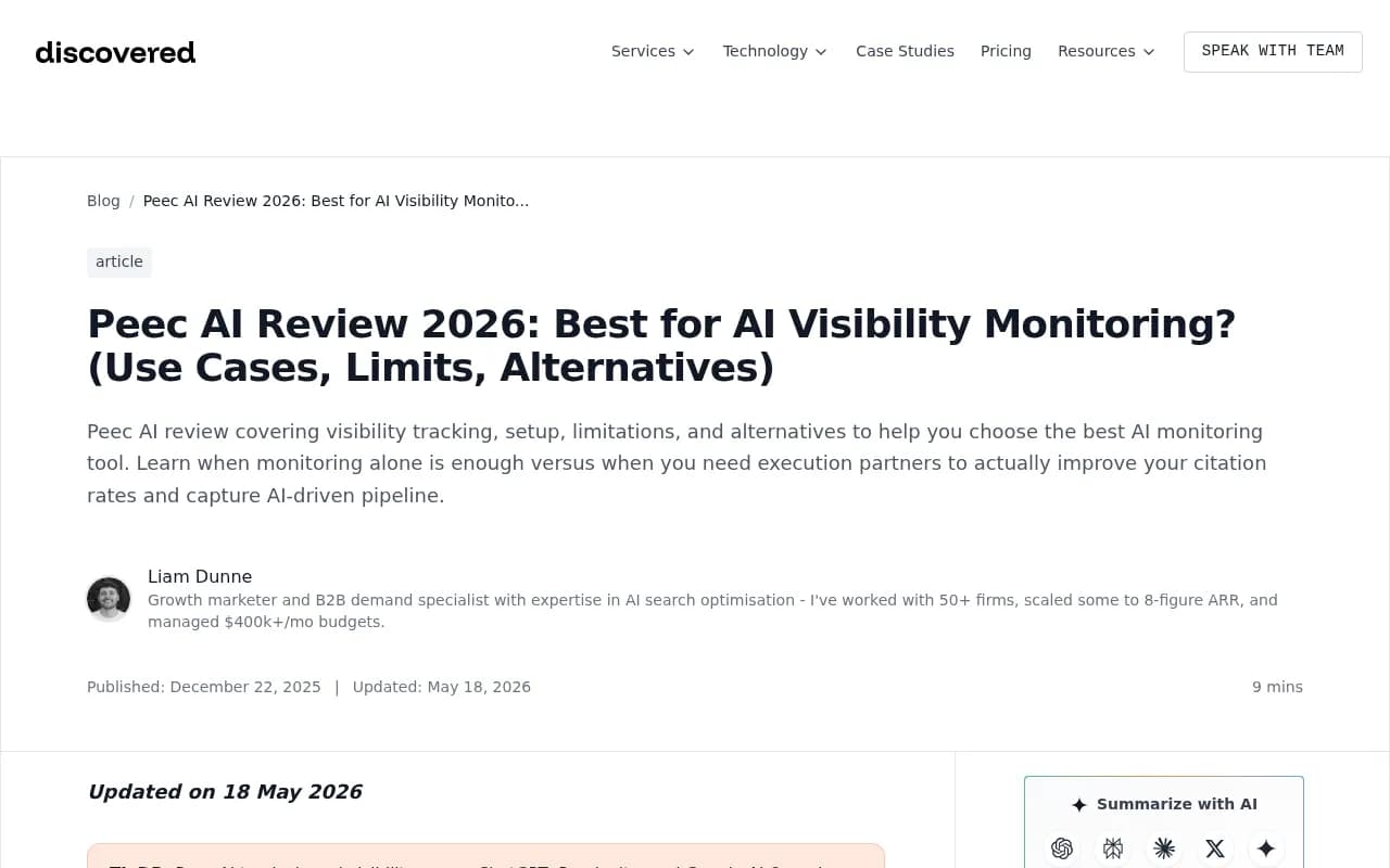 Peec AI review 2026 from Discovered Labs