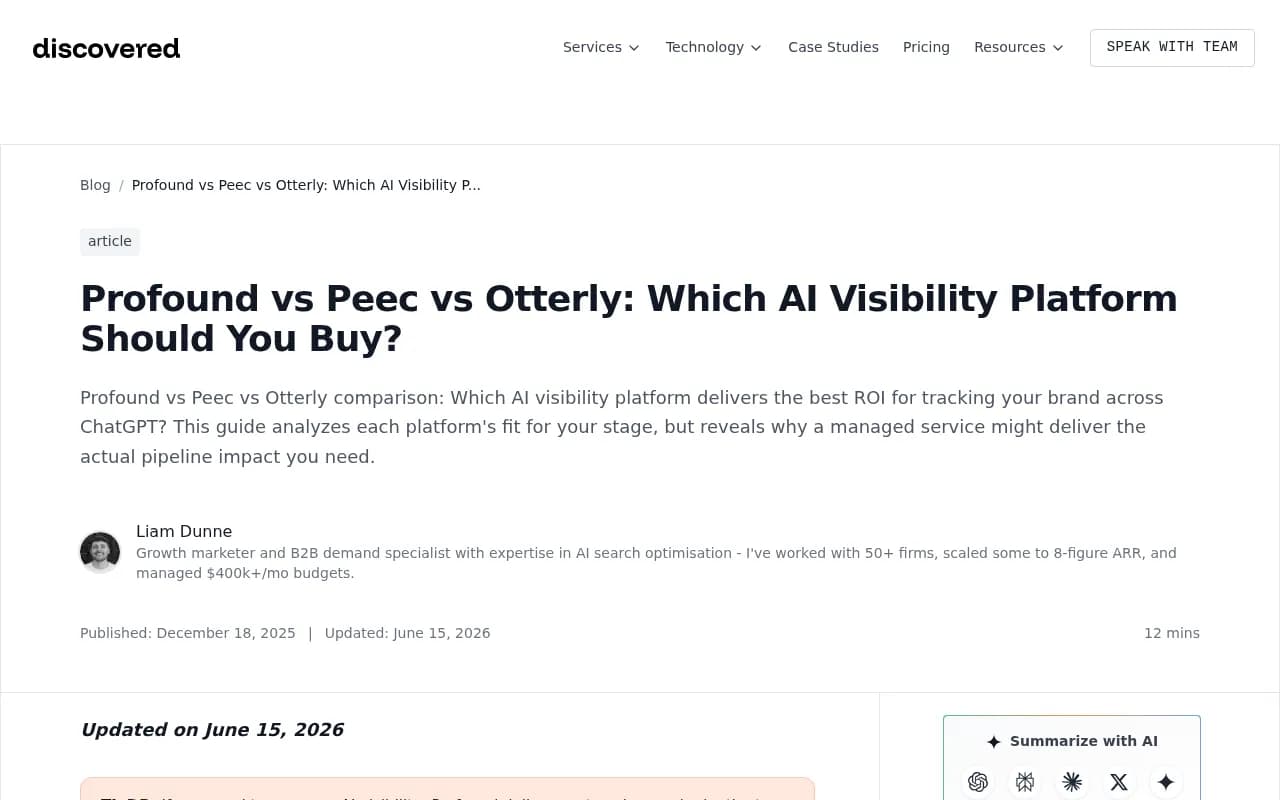 Comparison of AI visibility platforms showing monitoring-only vs full-stack optimization approaches