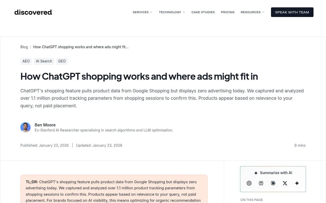 Screenshot of a comparison article explaining how ChatGPT shopping sources product data from Google Shopping with zero advertising as of January 2026