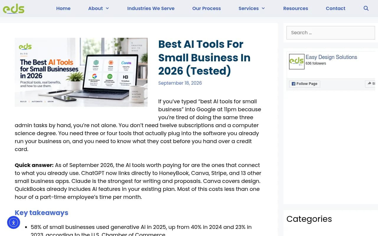 Easy Design Solutions guide to the best AI tools for small business in 2026, including adoption data from the U.S. Chamber of Commerce
