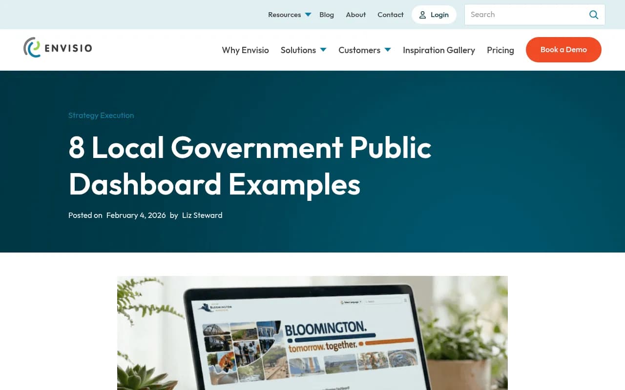 Envisio's gallery of local government dashboards, useful as a reference for how place-based reporting is organized