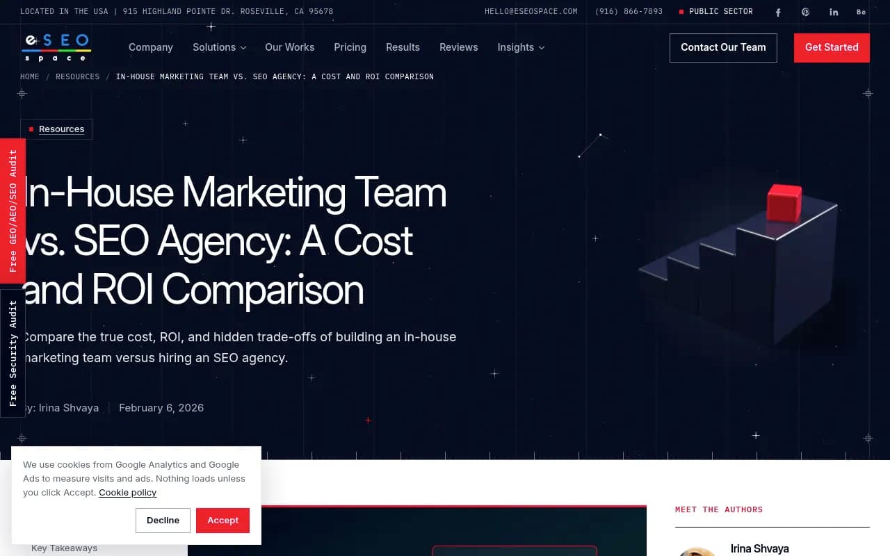 eSEOspace article comparing the cost and ROI of in-house marketing teams and SEO agencies
