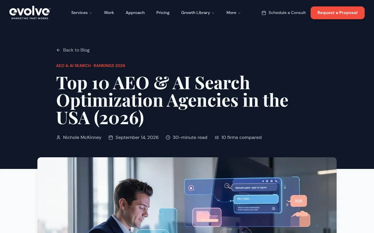 Evolve's 2026 roundup of AEO and AI search optimization agencies, including a buyer's guide and red flags