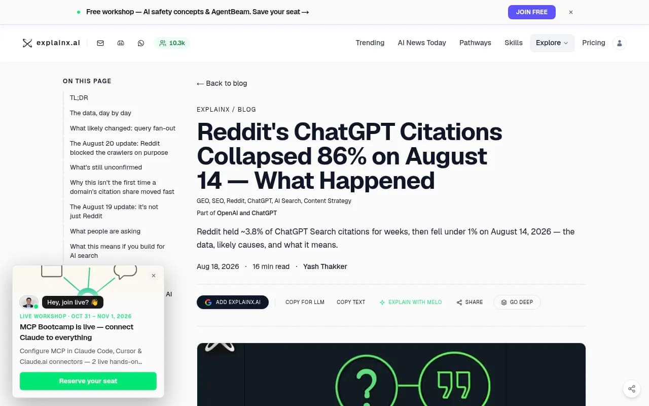 explainx.ai article breaking down Reddit's ChatGPT citation drop and which source categories gained share