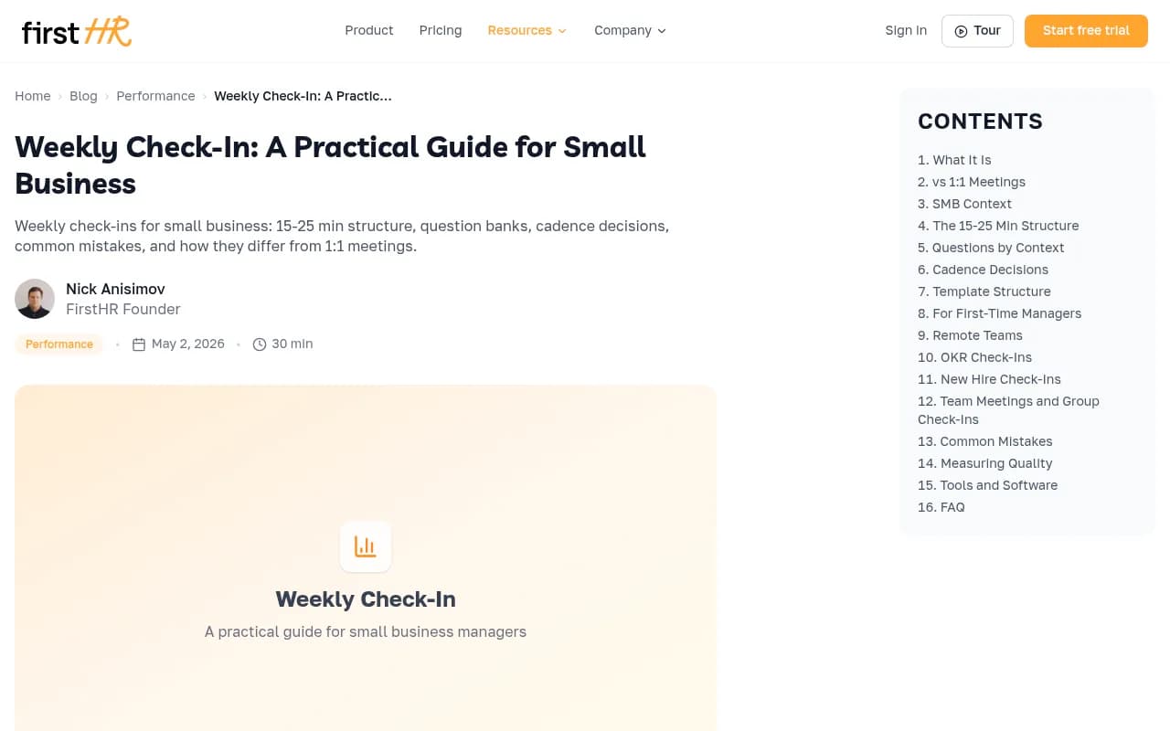 FirstHR guide to short weekly check-ins, whose 15-25 minute structure inspired this routine