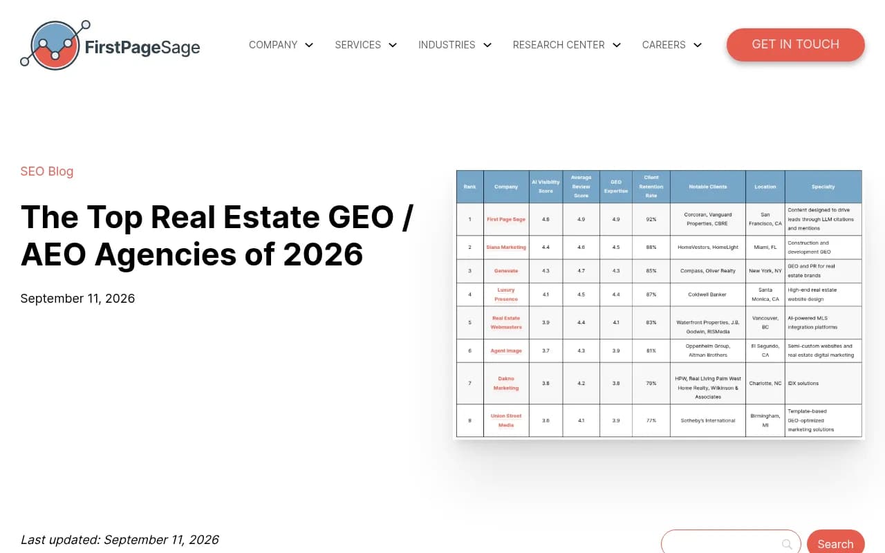 First Page Sage's real estate GEO agency ranking, which places its own agency first