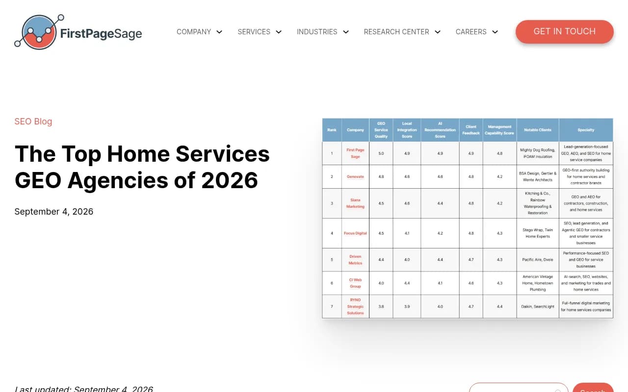 First Page Sage's home services GEO agency ranking, a self-published list where the publisher ranks itself first